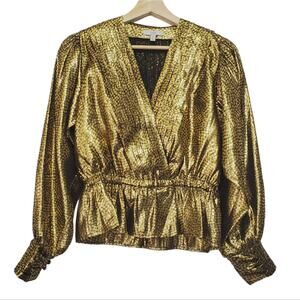 Joie | Nadeen Metallic Gold Peplum Deep V-Neck Wrap Pleated Gathered Top